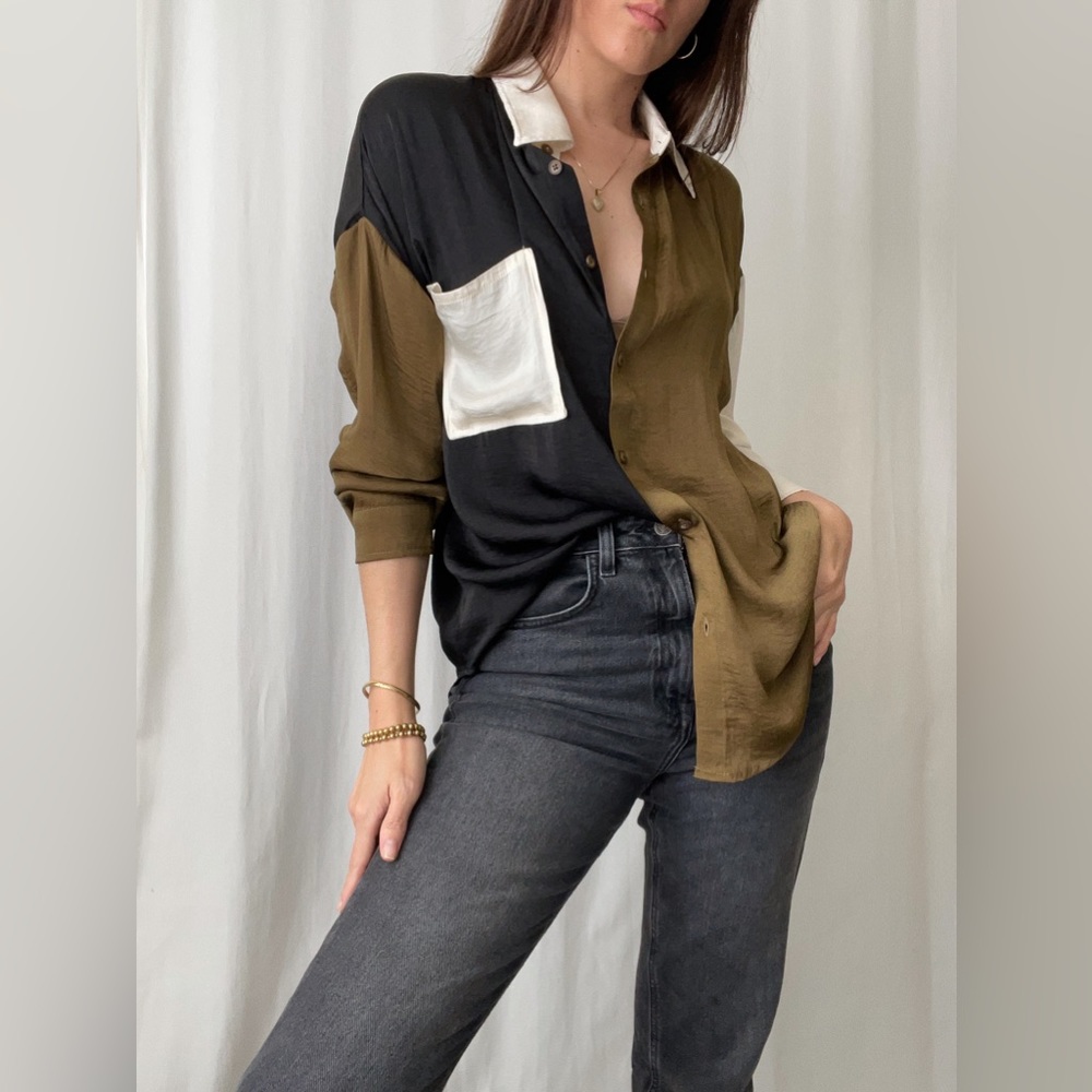 SHIRT button-down silky shirt — In Brown/Black